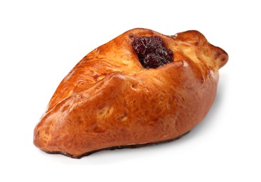 Photo of Delicious baked patty with cherry on white background