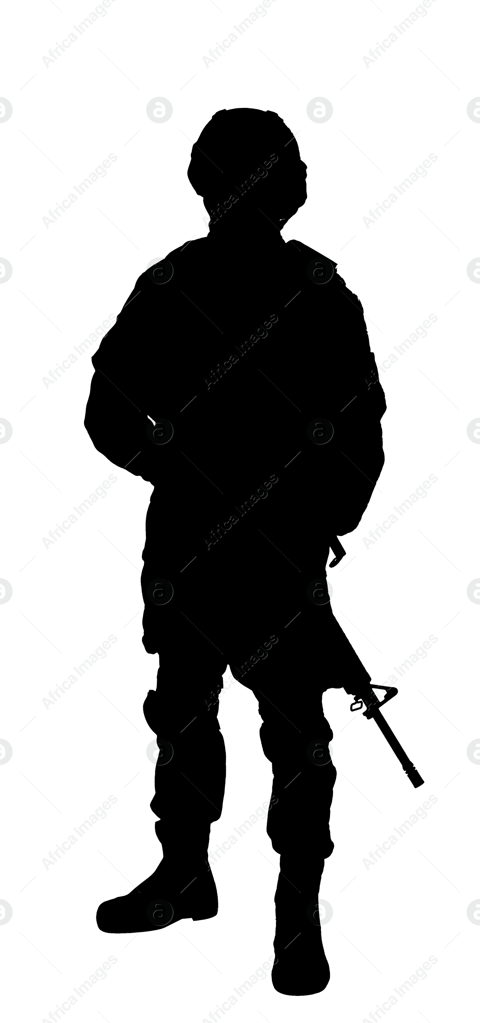 Image of Silhouette of soldier with assault rifle on white background. Military service