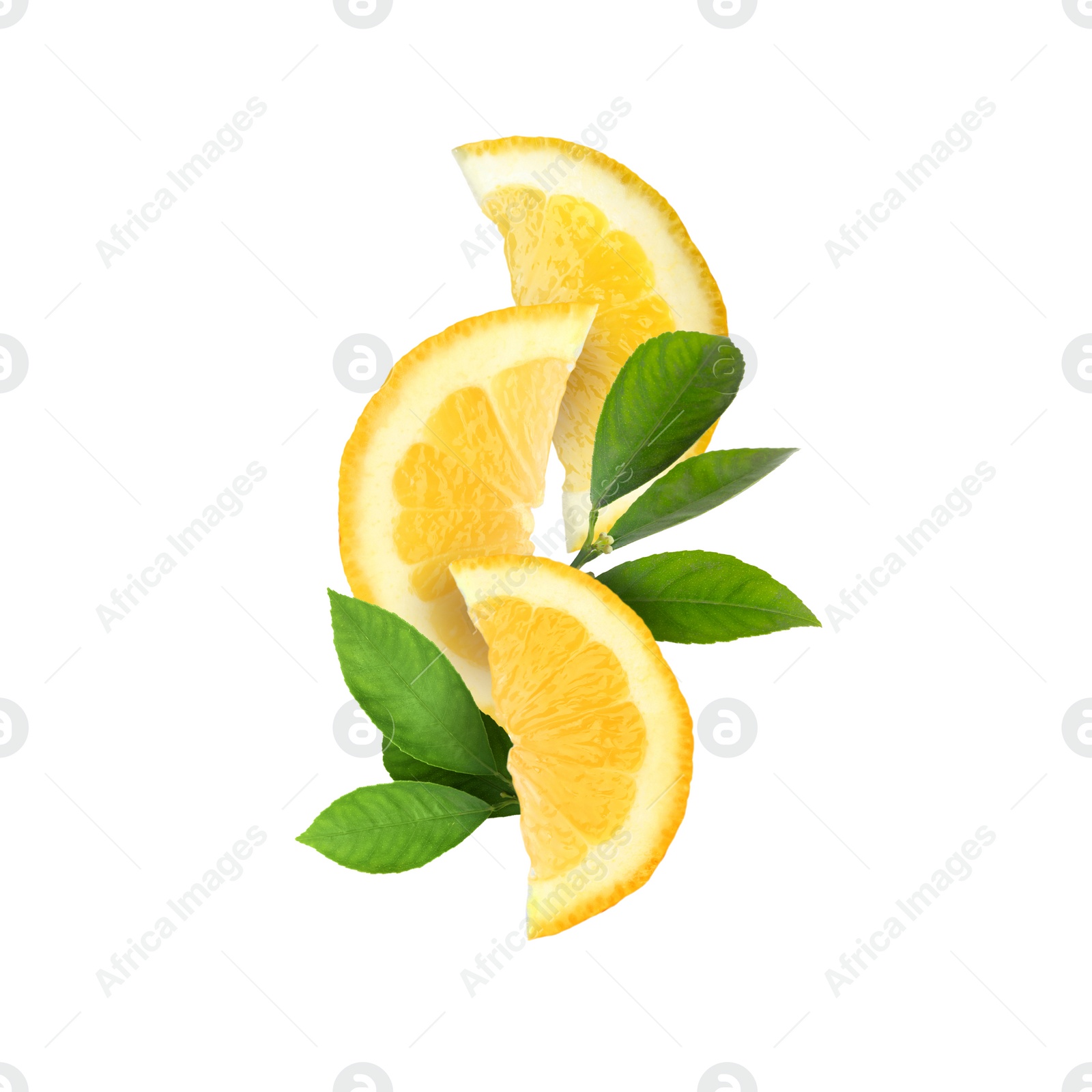 Image of Cut fresh lemon with green leaves isolated on white