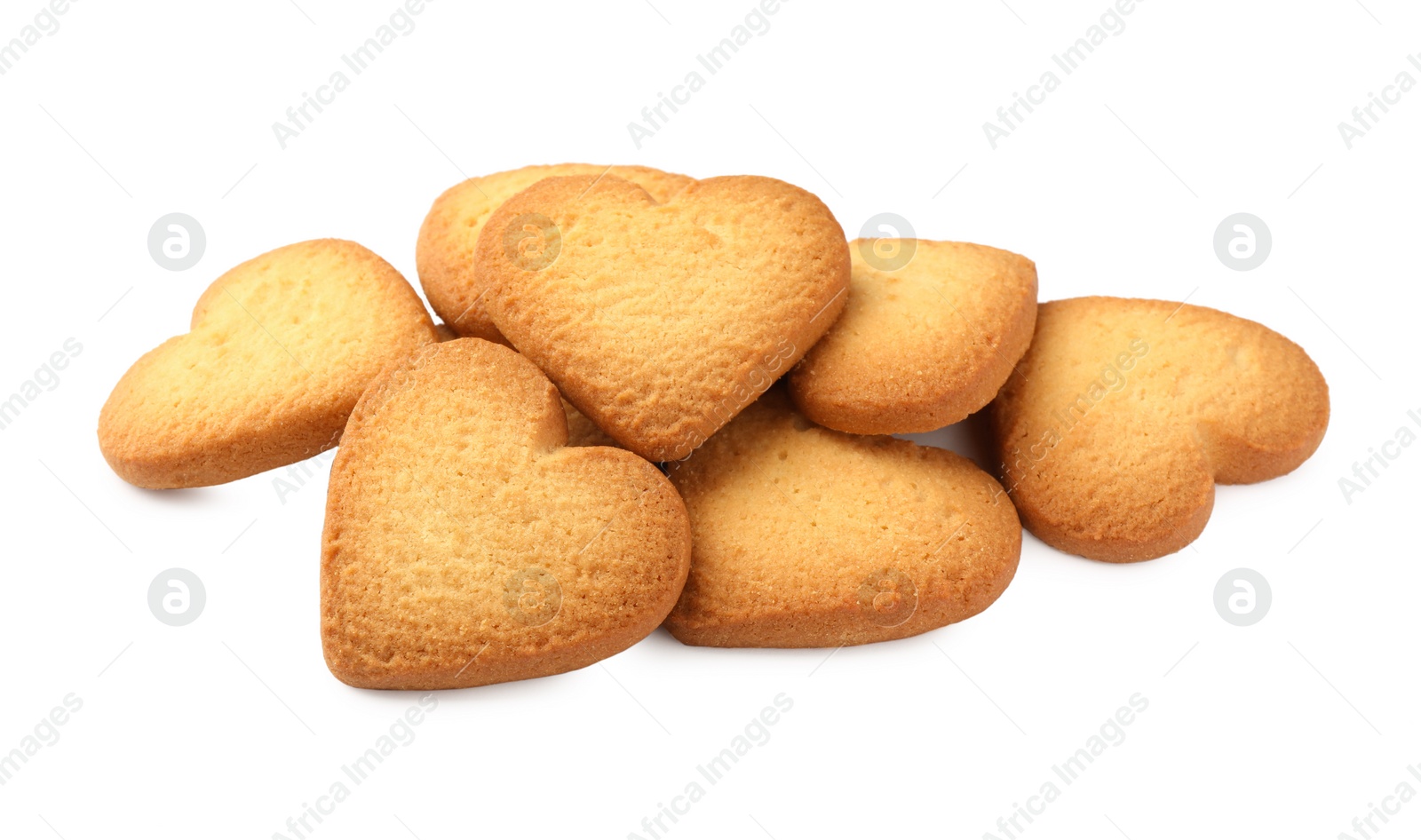 Photo of Tasty heart shaped Danish butter cookies isolated on white