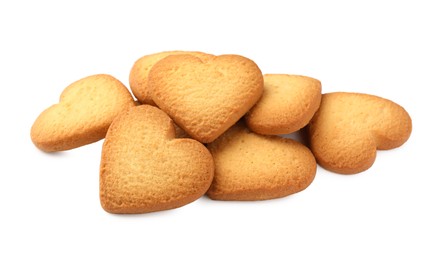 Photo of Tasty heart shaped Danish butter cookies isolated on white