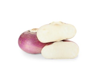 Cut and whole fresh ripe turnips on white background