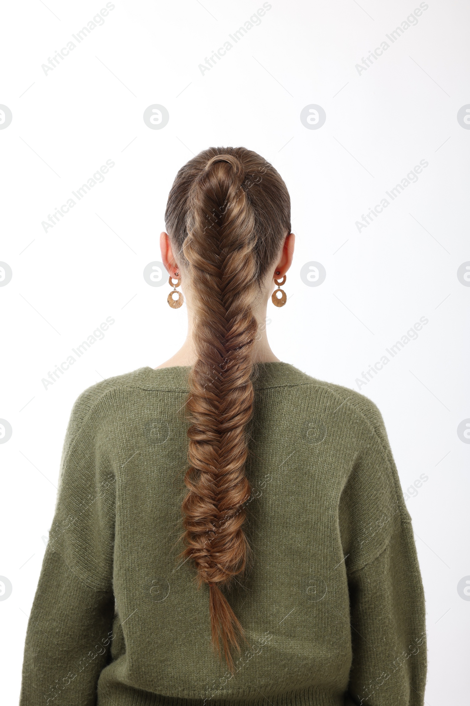 Photo of Woman with braided hair on white background, back view