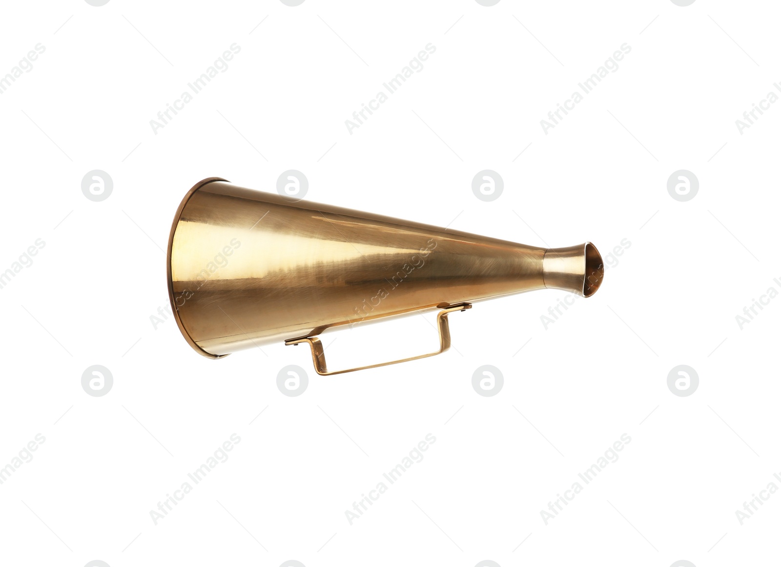 Photo of Retro golden metal megaphone on white background