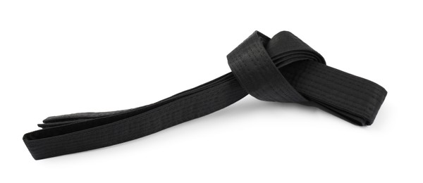 Photo of Black karate belt isolated on white. Martial arts uniform