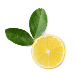 Lemon slice and green leaves on white background, top view