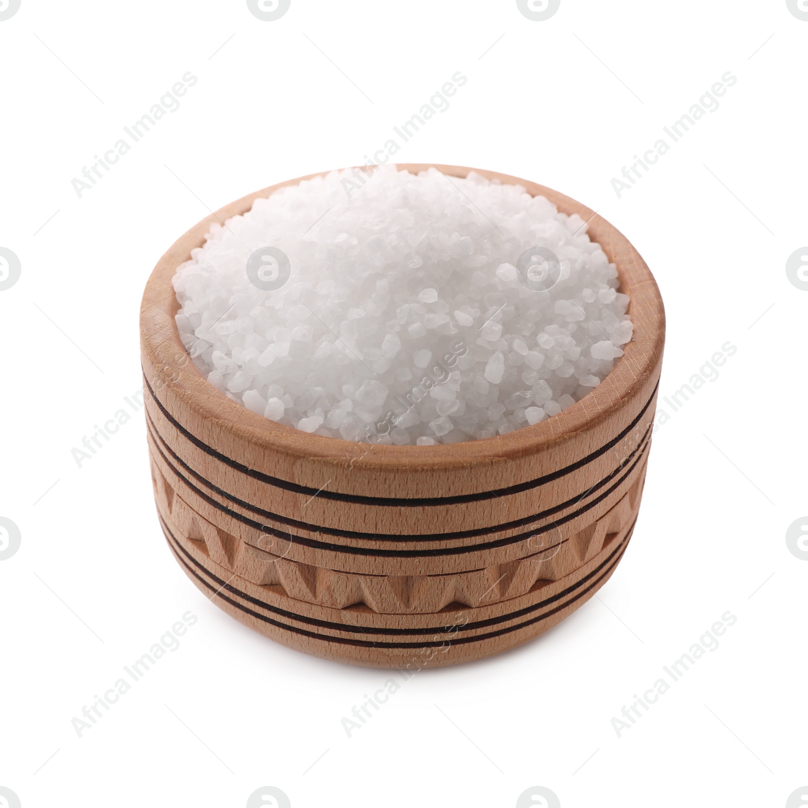 Photo of Natural salt in wooden bowl isolated on white