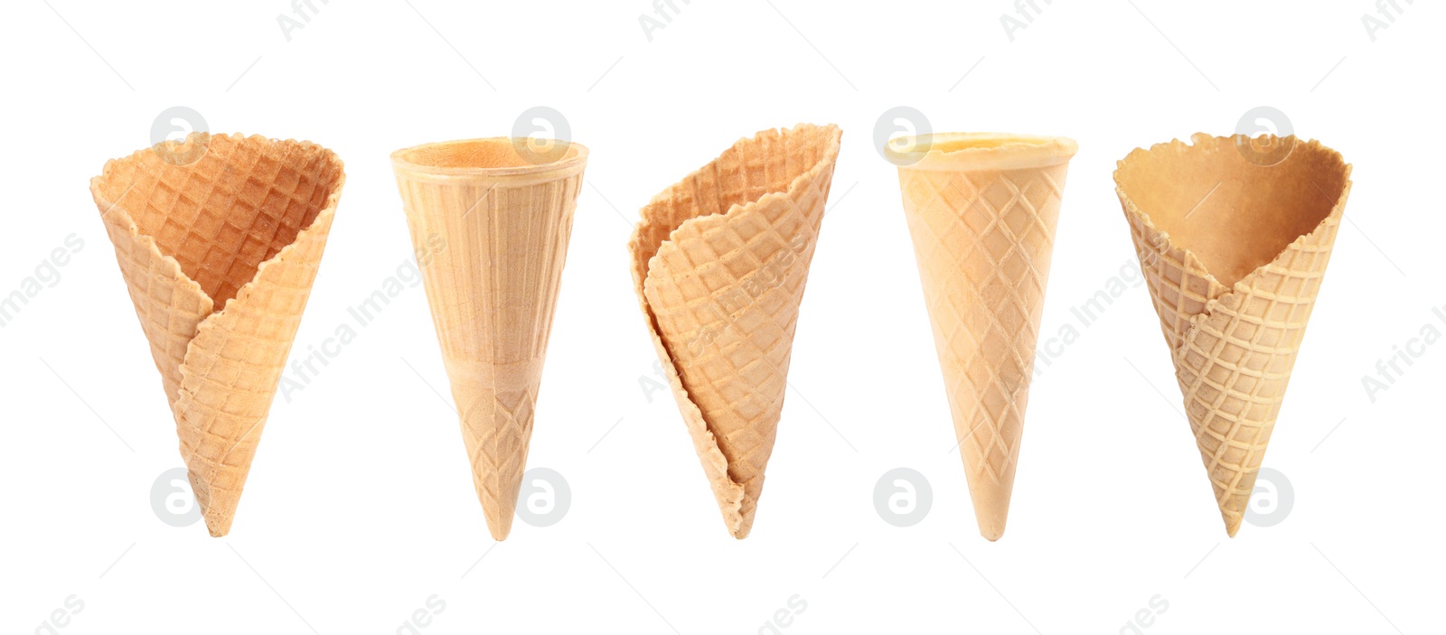 Image of Set of empty wafer ice cream cones on white background. Banner design