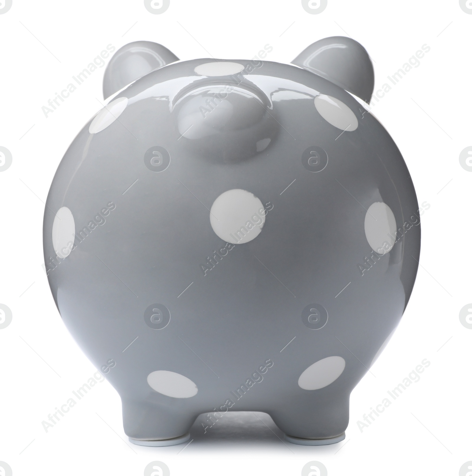 Photo of Gray piggy bank on white background. Money saving