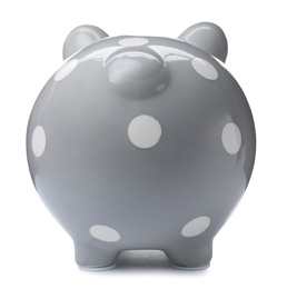 Photo of Gray piggy bank on white background. Money saving