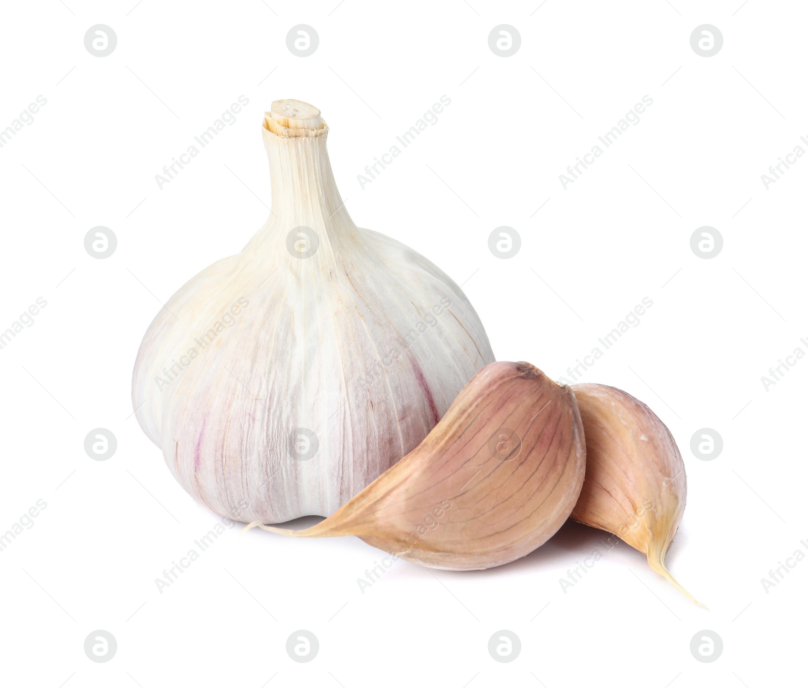 Photo of Fresh organic garlic bulb and cloves on white background