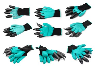 Image of Gardening gloves with claws isolated on white, set