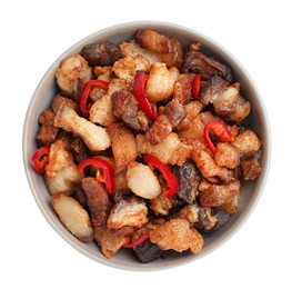 Tasty fried cracklings with chili pepper in bowl on white background, top view. Cooked pork lard