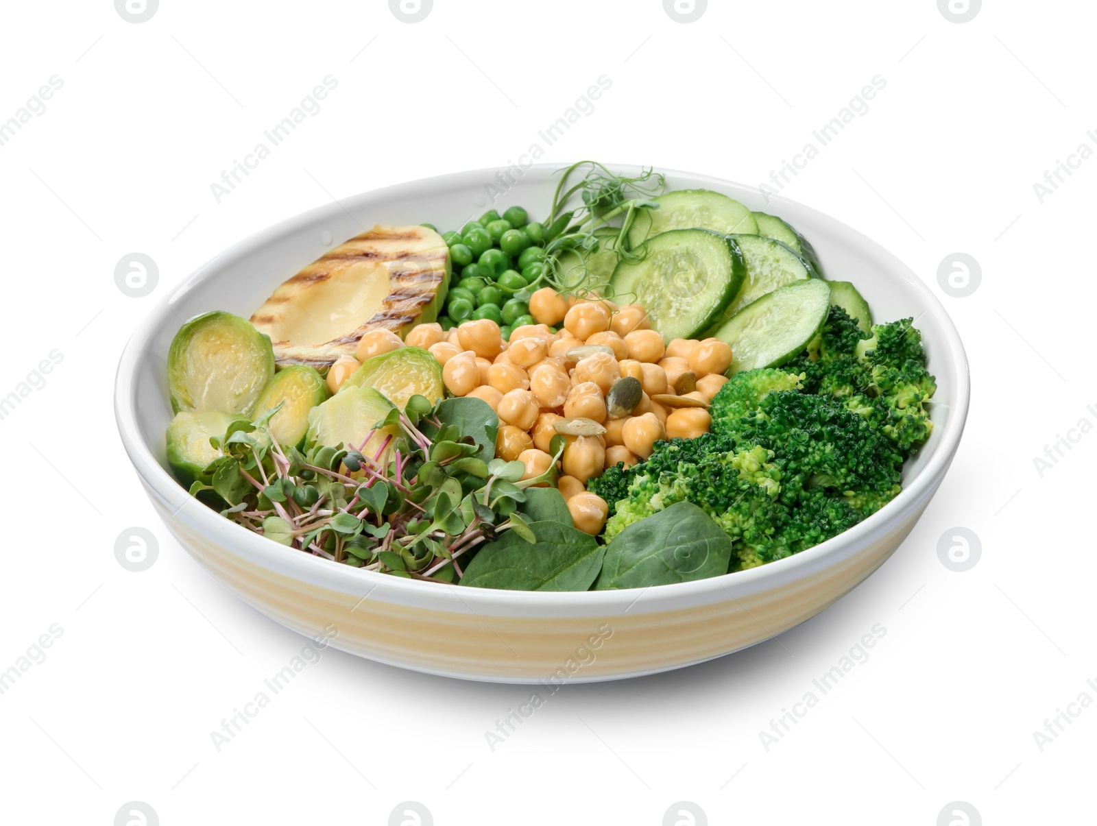 Photo of Healthy meal. Tasty vegetables and chickpeas in bowl isolated on white