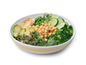 Healthy meal. Tasty vegetables and chickpeas in bowl isolated on white