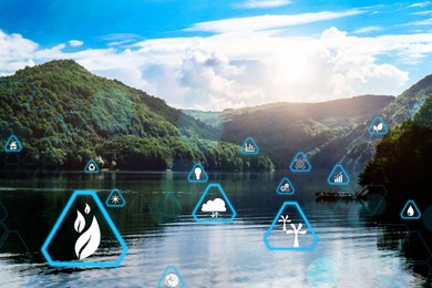 Image of Digital eco icons and beautiful lake surrounded by mountains 