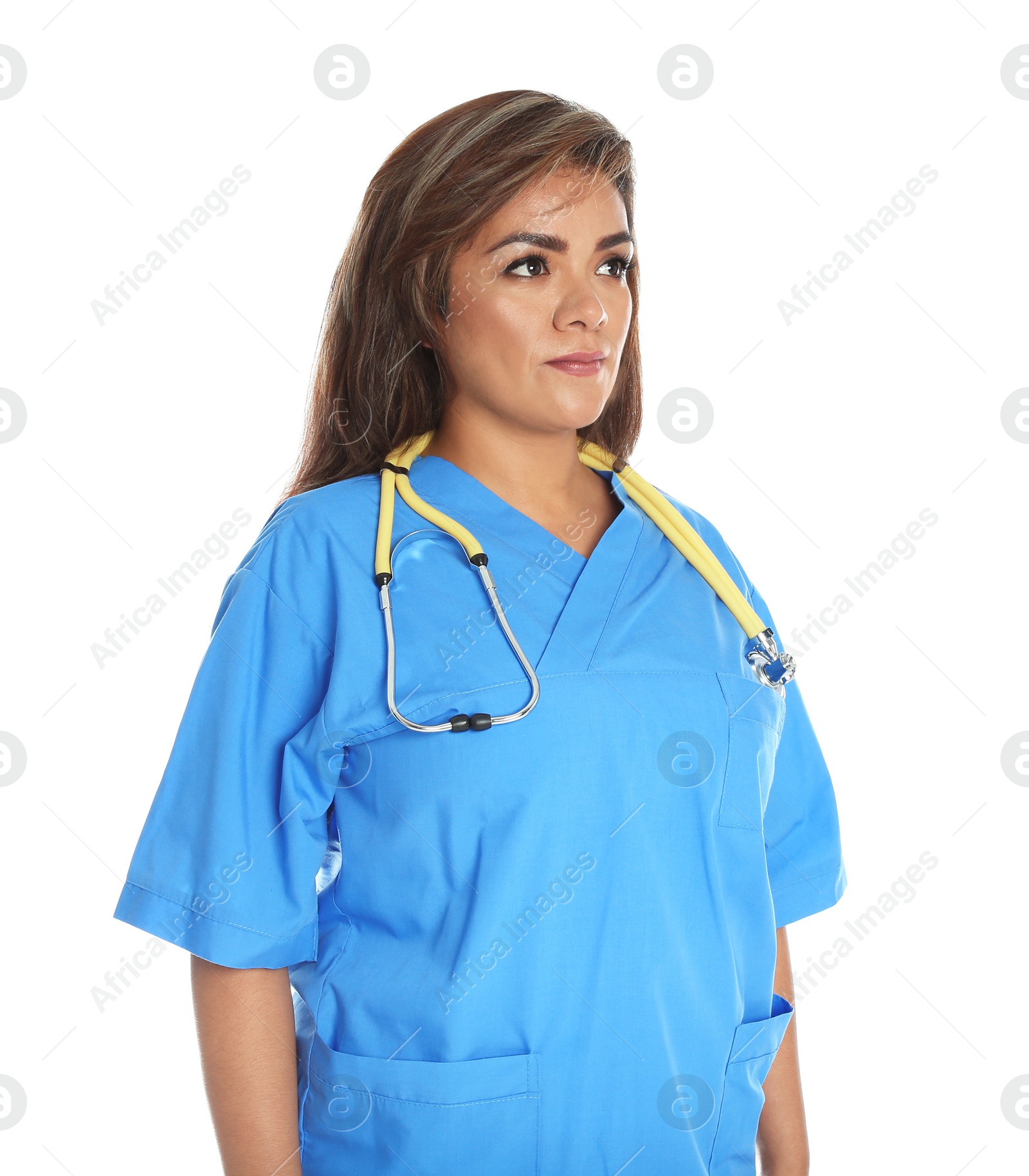 Photo of Portrait of female Hispanic doctor isolated on white. Medical staff