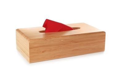 Wooden napkin holder with paper serviettes on white background