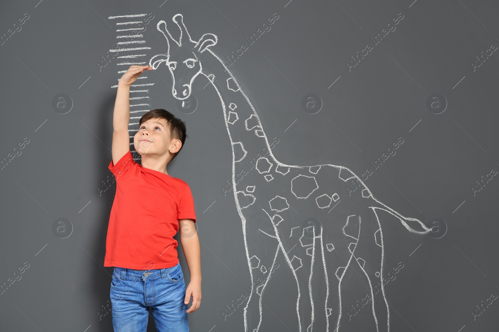 Photo of Cute little child measuring height near chalk giraffe drawing on grey background