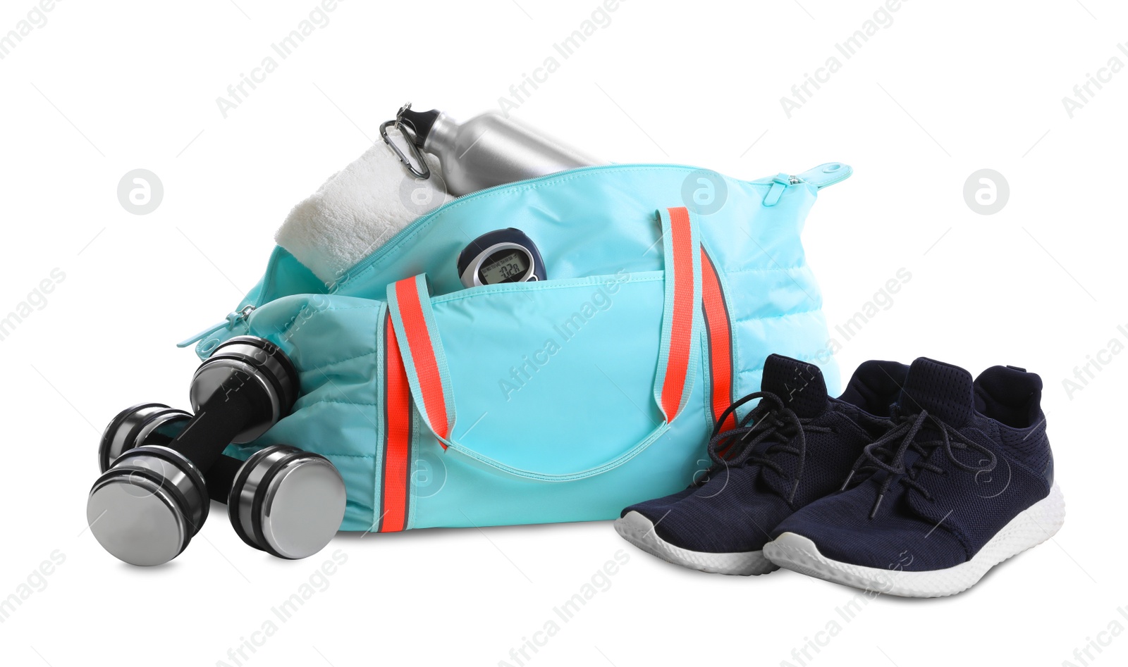 Photo of Sports bag with gym equipment on white background