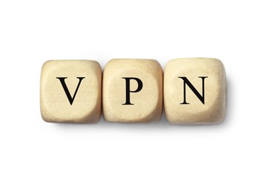 Photo of Wooden beads with acronym VPN on white background, top view