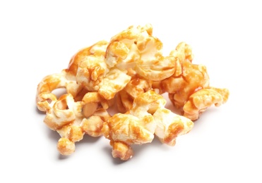 Photo of Pile of delicious caramel popcorn on white background