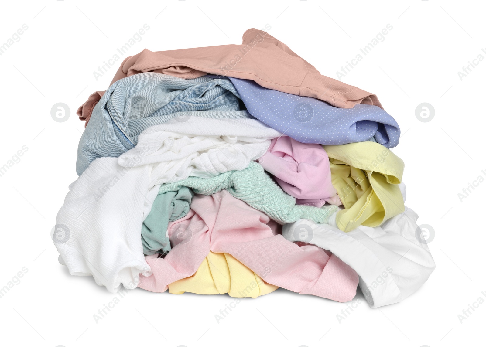 Photo of Pile of colorful clothes isolated on white