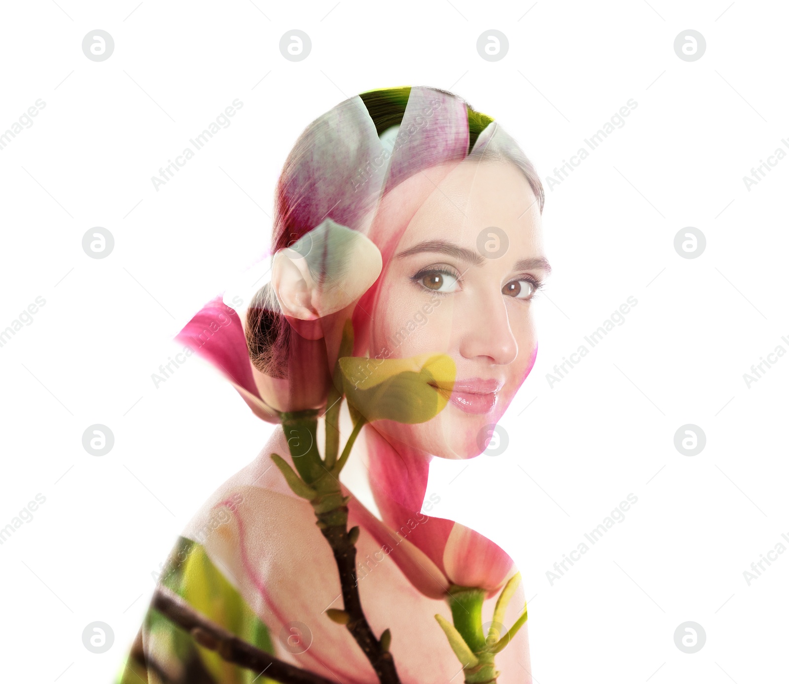 Image of Double exposure of beautiful woman and blooming flowers on white background