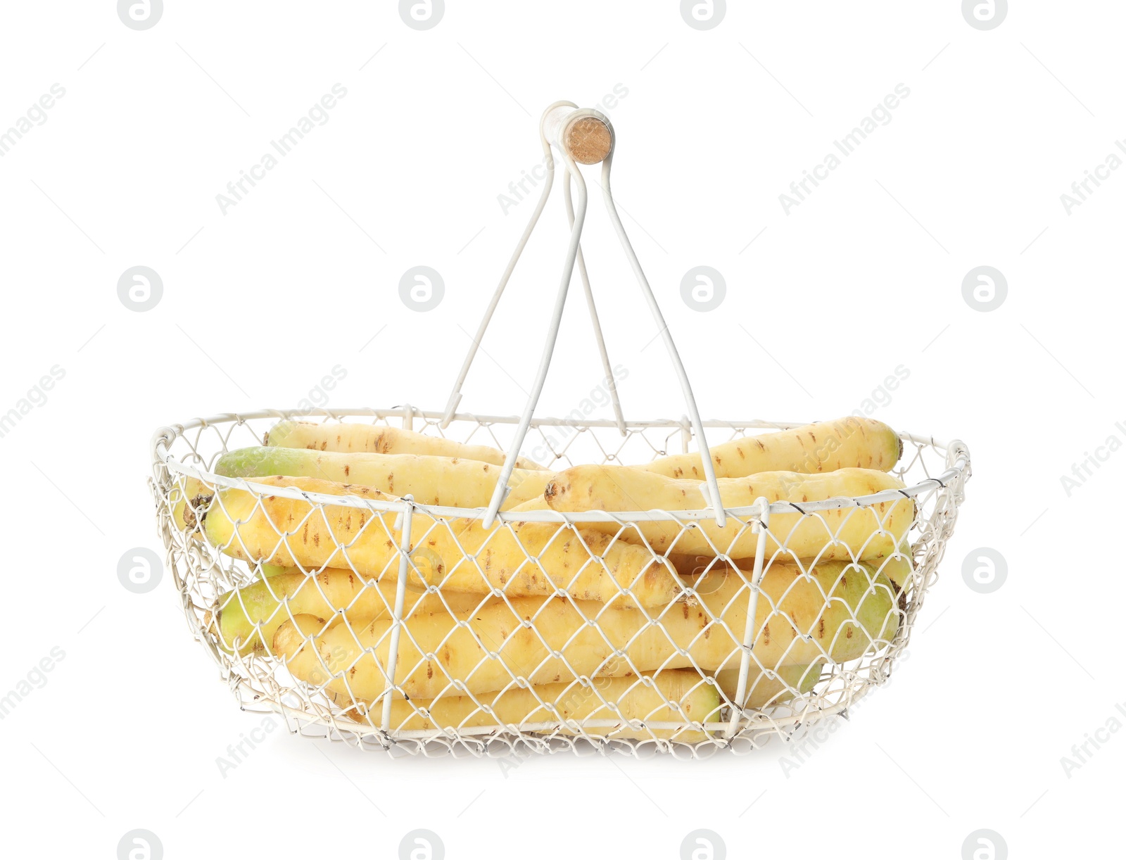 Photo of Raw carrots in metal basket isolated on white