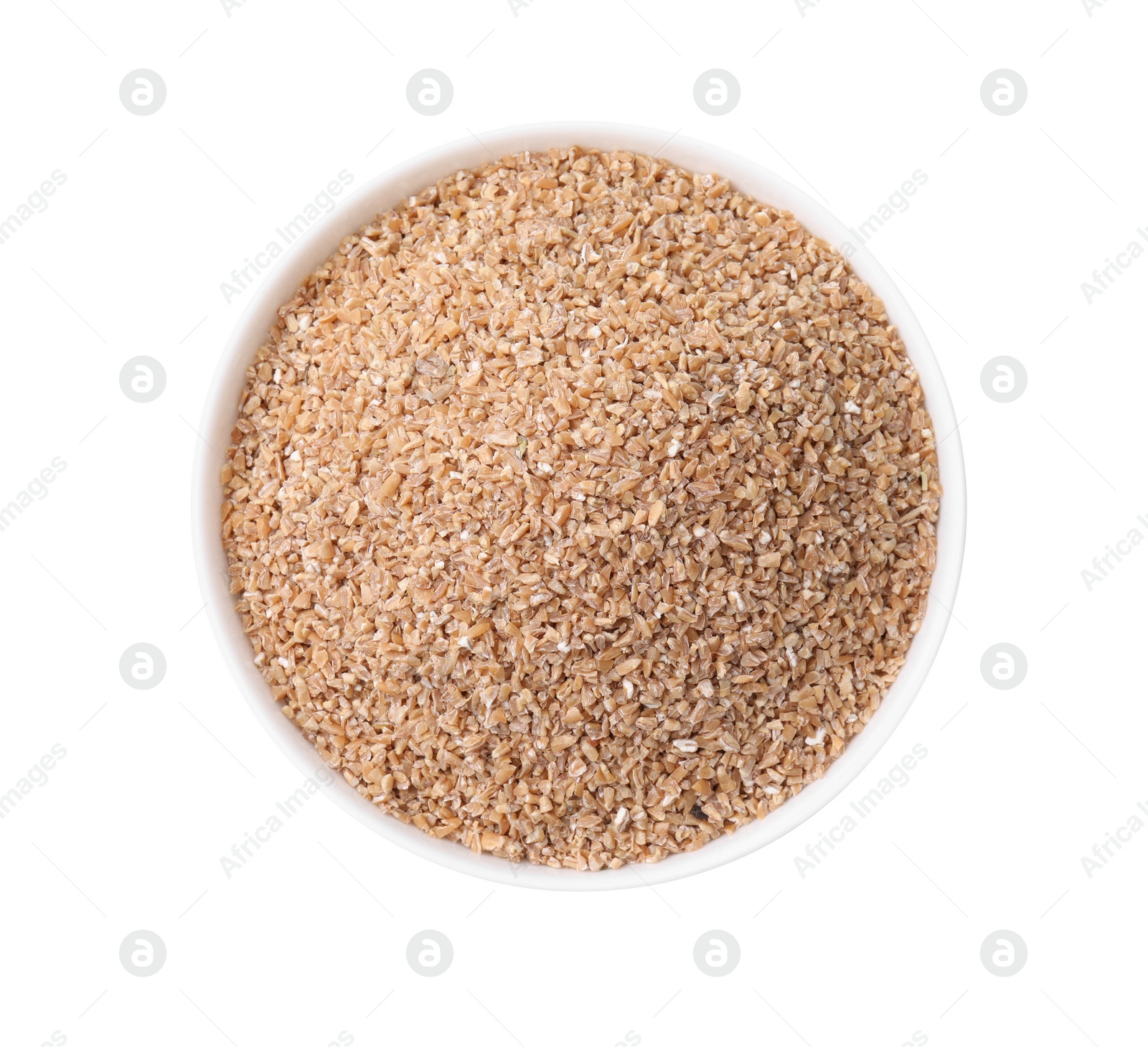 Photo of Dry wheat groats in bowl isolated on white, top view