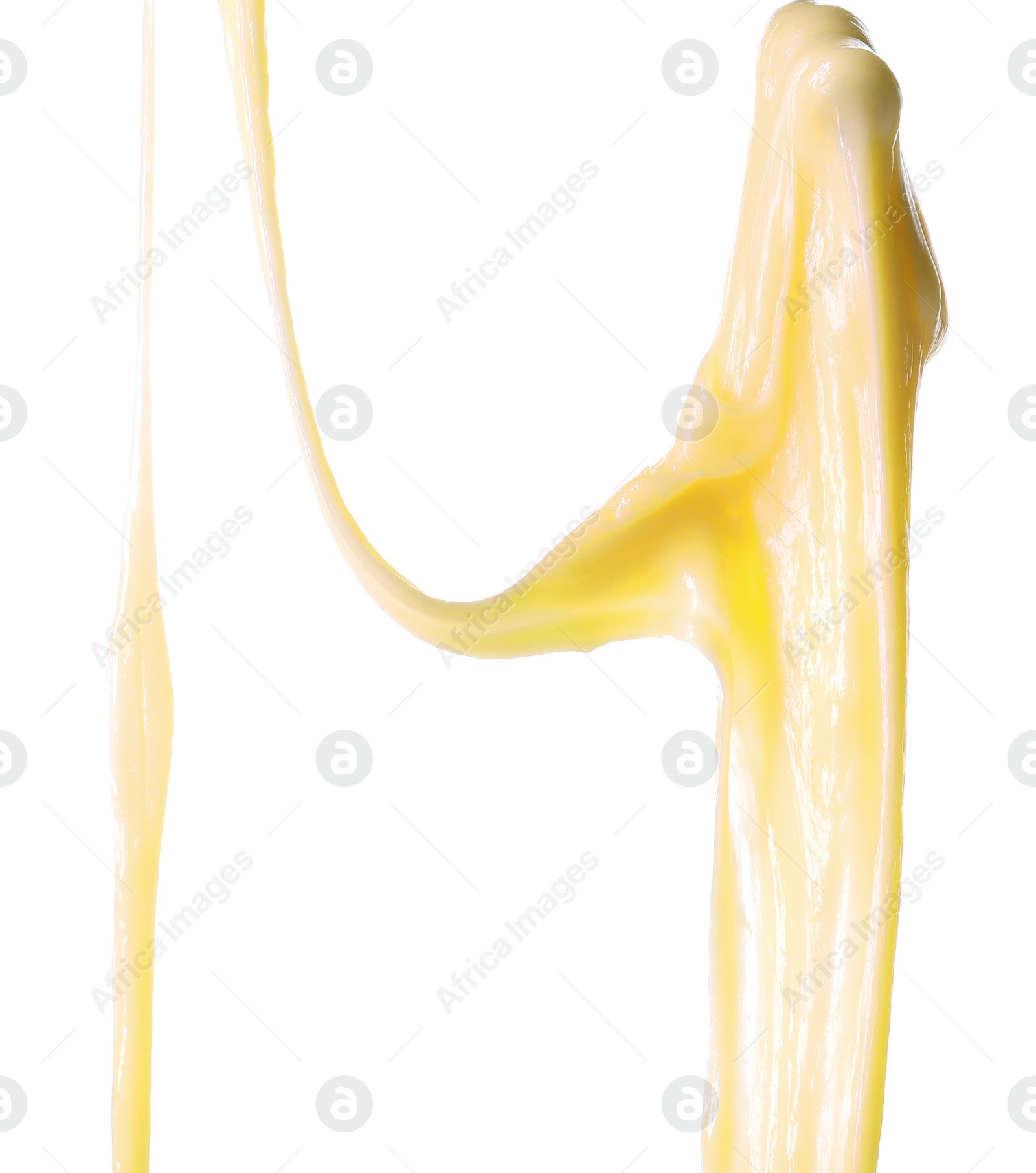 Photo of Stretching delicious melted cheese isolated on white