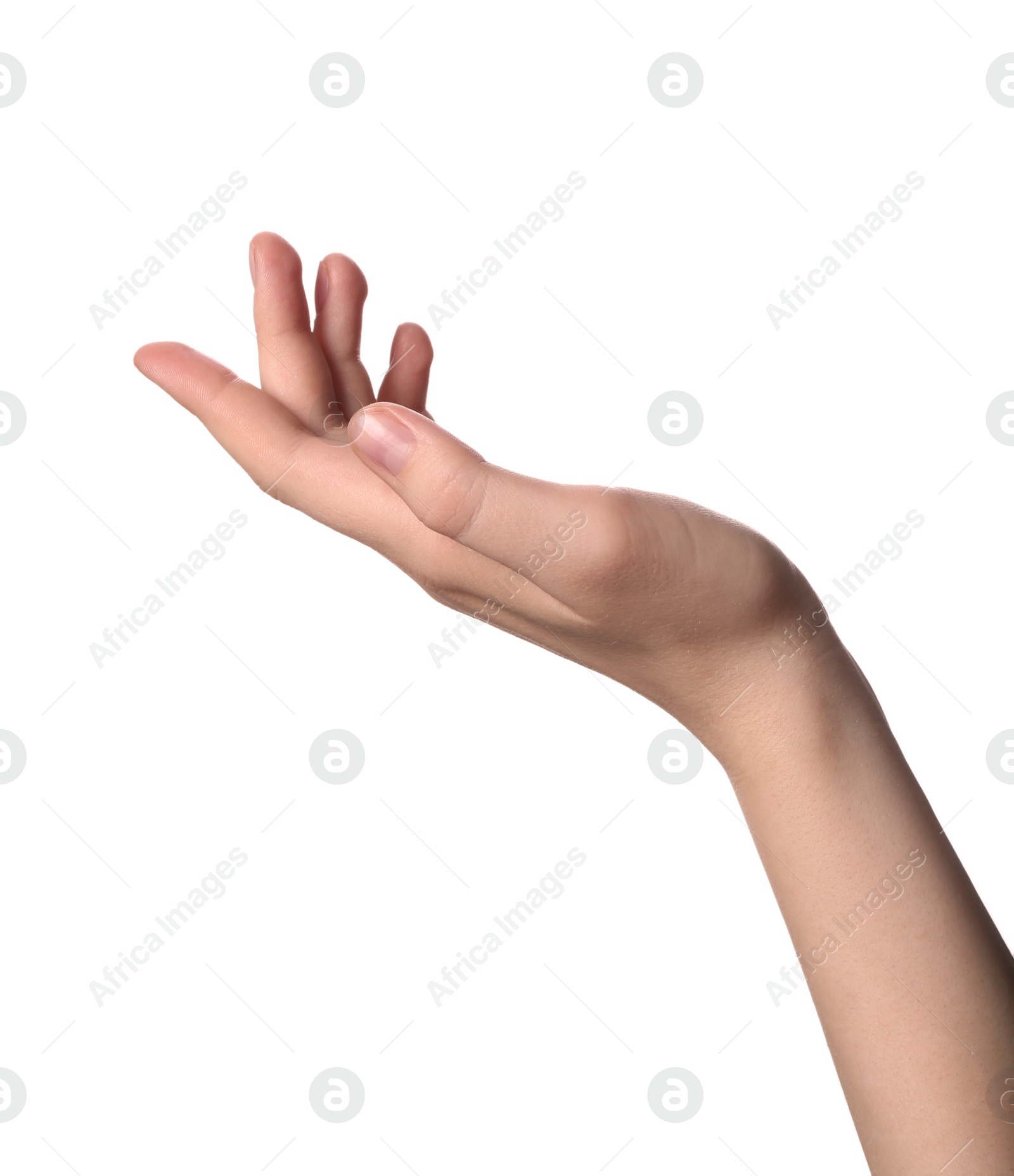 Photo of Woman holding something against white background, closeup