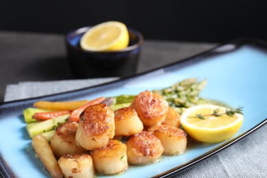 Delicious fried scallops with asparagus served on grey table, closeup