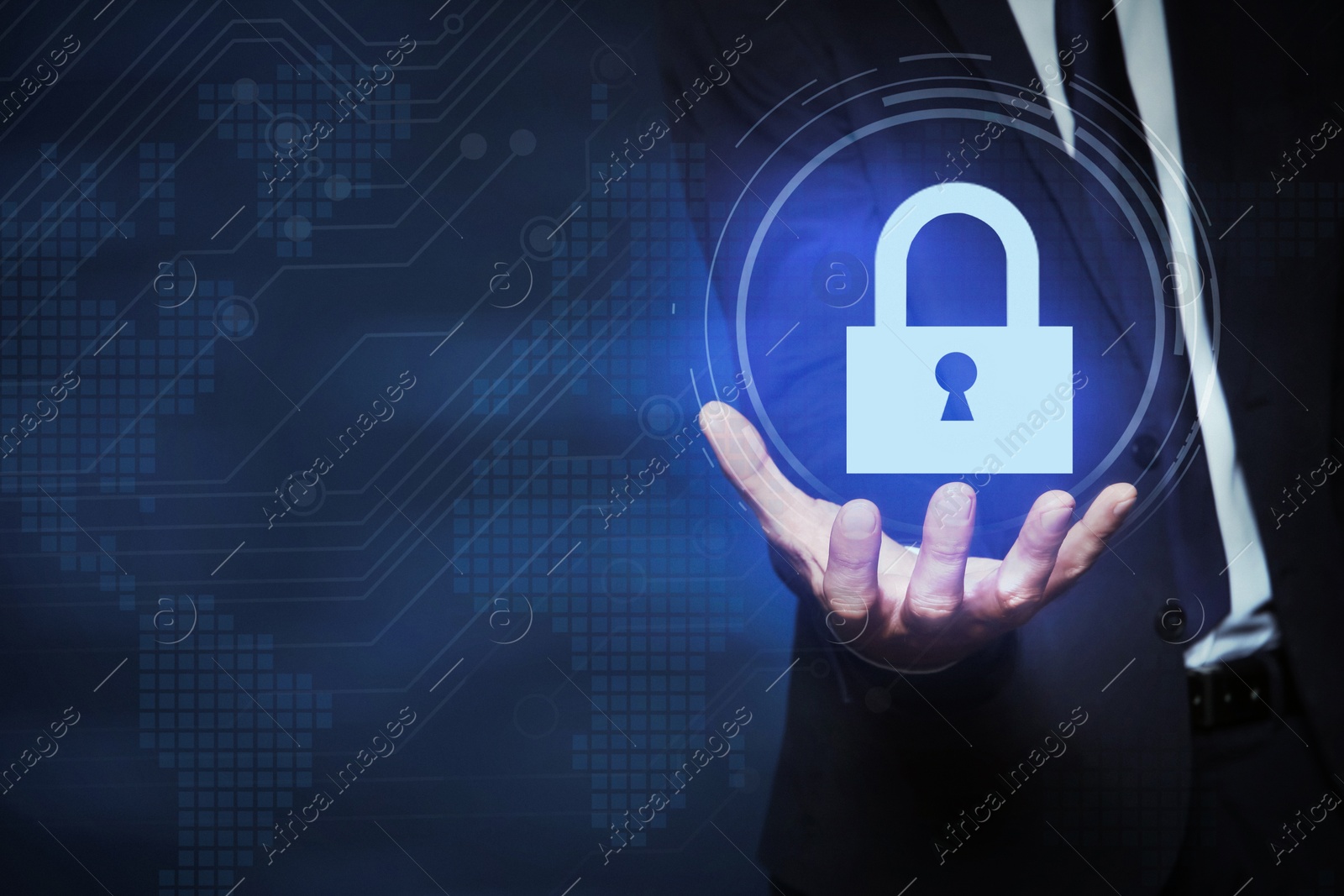 Image of Cyber security concept. Man holding virtual icon of padlock on dark background, closeup