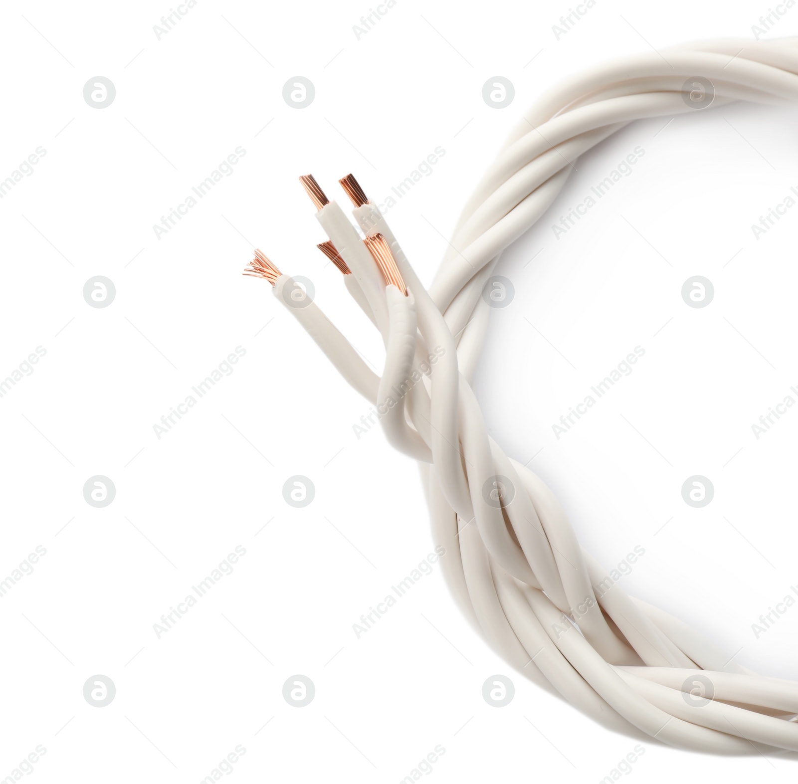 Photo of Many twisted electrical wires on white background