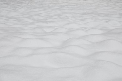 Photo of Beautiful white snow as background, closeup. Winter season