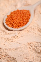 Spoon with lentil grains on flour, closeup