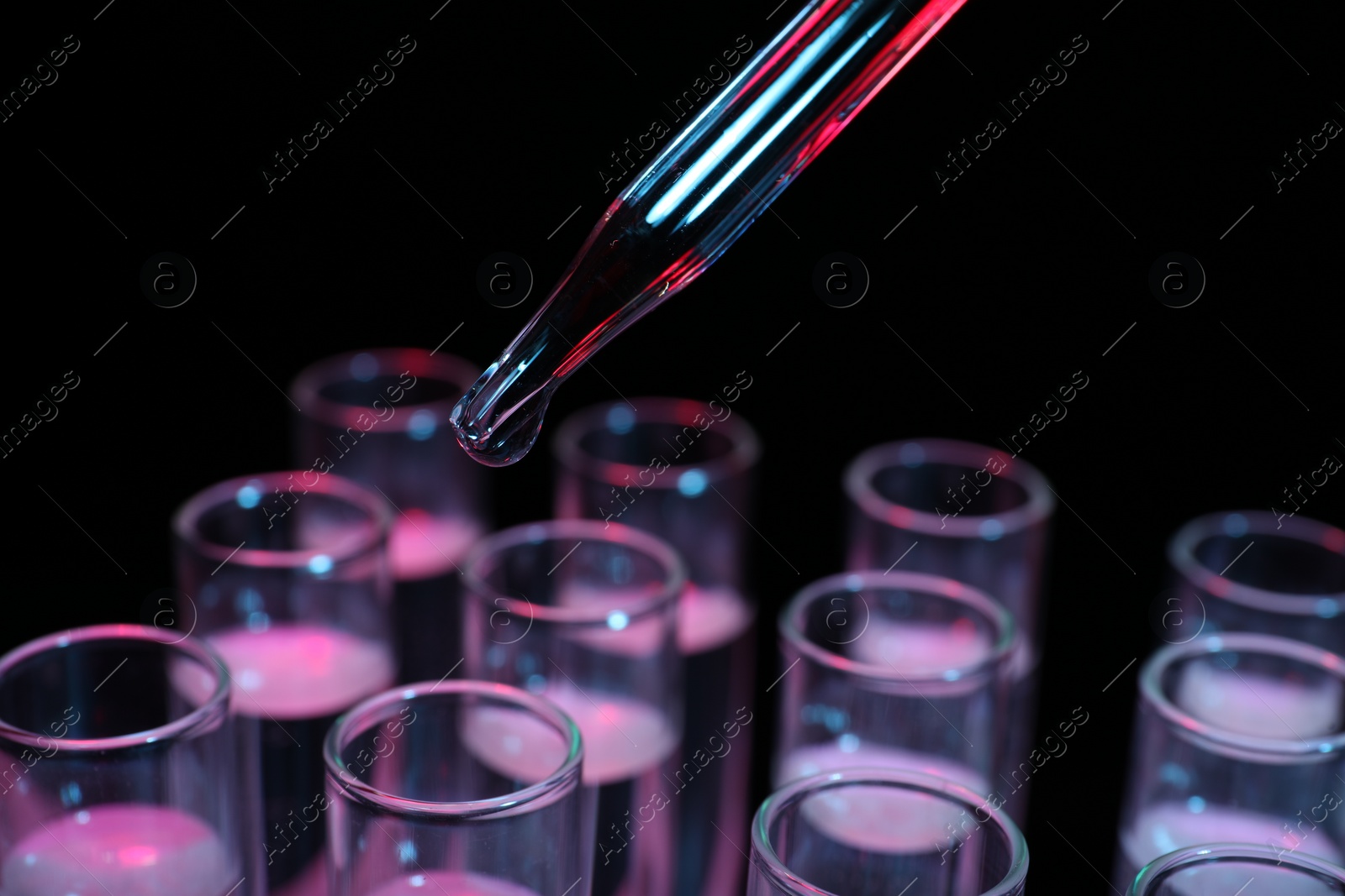 Photo of Dripping reagent into test tube on black background, closeup. Laboratory analysis