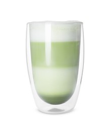 Glass of tasty matcha latte isolated on white
