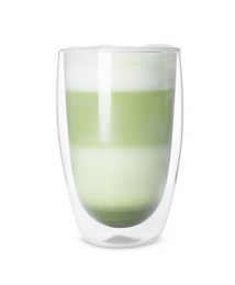 Photo of Glass of tasty matcha latte isolated on white