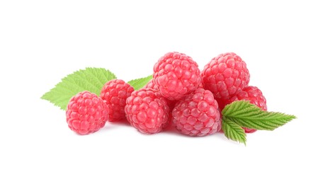 Photo of Many fresh ripe raspberries and green leaves isolated on white