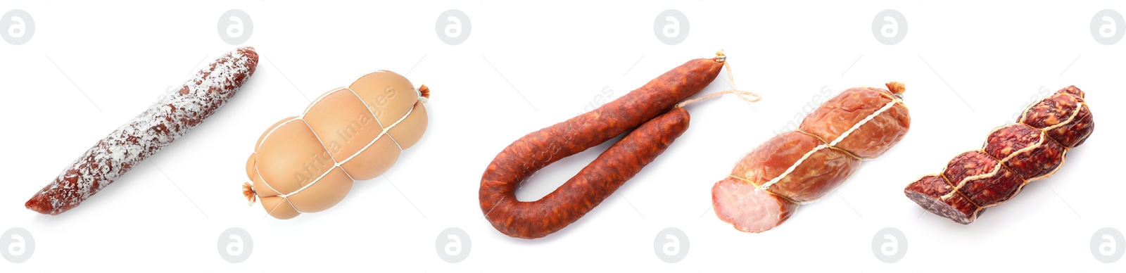 Image of Collage with different delicious sausages on white background, top view