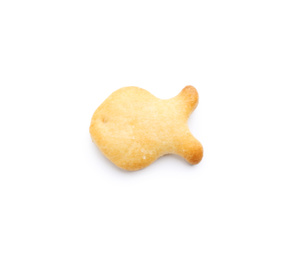 Delicious crispy goldfish cracker isolated on white, top view