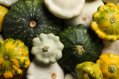 Photo of Fresh ripe pattypan squashes as background, top view