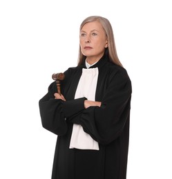 Photo of Beautiful senior judge with gavel on white background