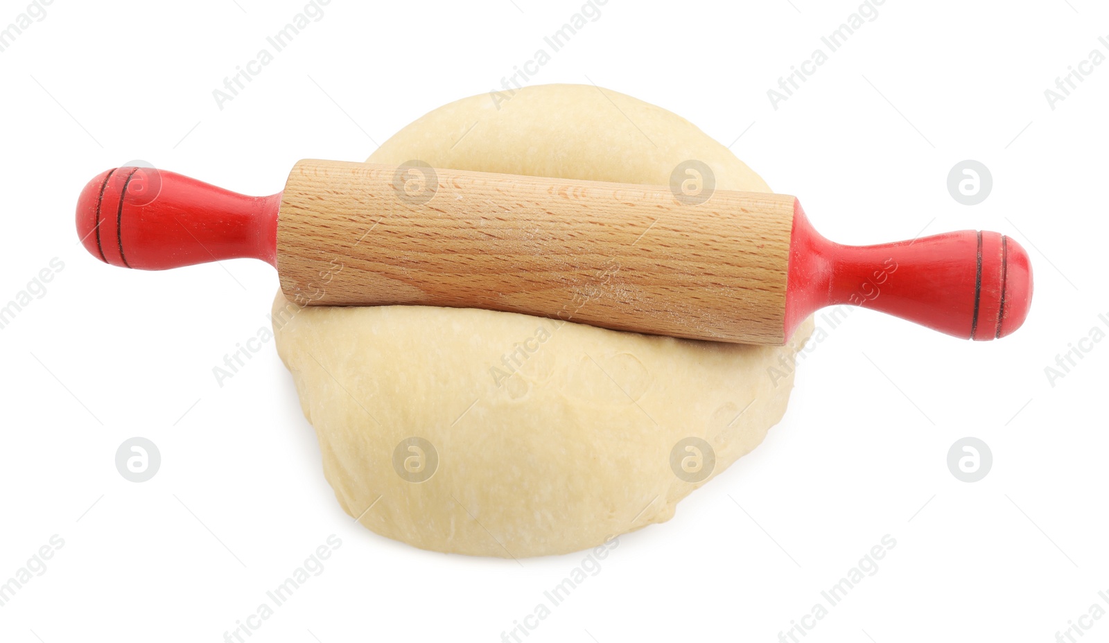 Photo of Raw dough and rolling pin isolated on white