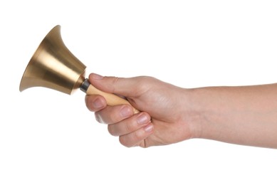 Photo of Woman ringing school bell on white background, closeup