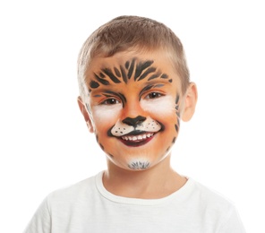 Cute little boy with face painting on white background