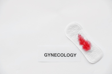 Flat lay composition with menstrual pad and red feather on light background. Gynecological care