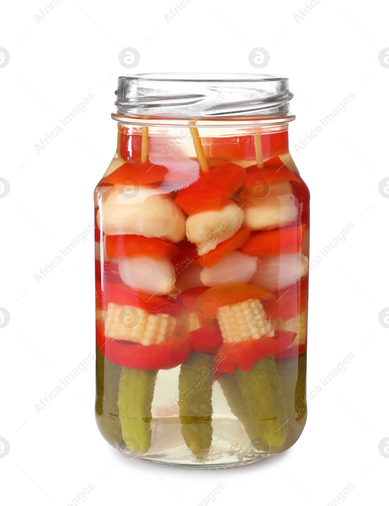 Photo of Jar with pickled vegetables on white background